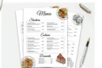 Printable Restaurant Menu A flat-lay view of a stack of printed menus with a clean, professional design, alongside a pen and scattered food illustrations.