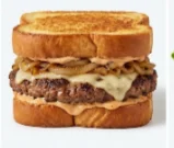 Texas-Angus-Patty-Melt-Quarter-Pound Angus beef patty melt with caramelized onions and sauce on Texas toast.